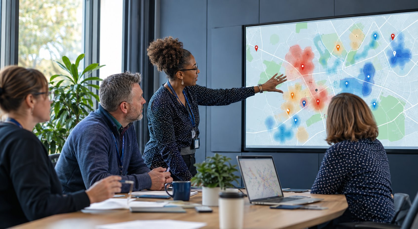 A local-authority team reviewing an anonymised geographic hotspot map